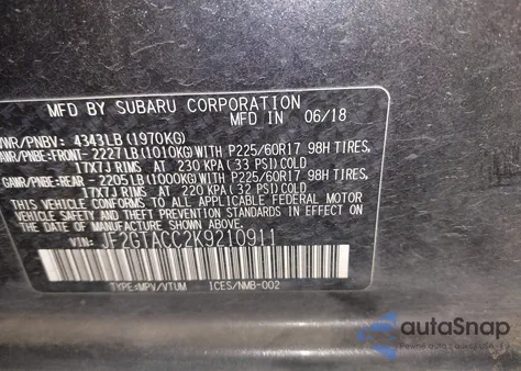 2019 Subaru Crosstrek 2.0I Premium z USA, uszkodzony, nr VIN JF2GTACC2K9210911